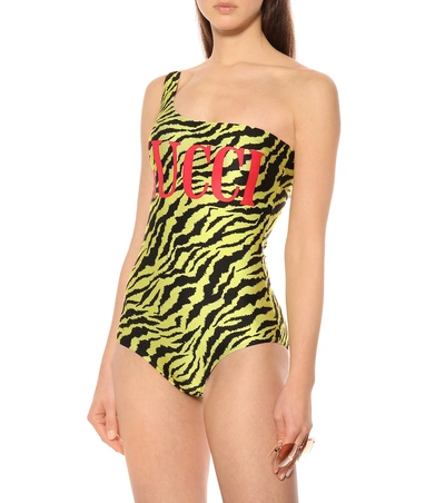 Shop Gucci One-shoulder Zebra-printed Swimsuit In Yellow