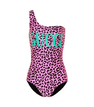 Shop Gucci One-shoulder Leopard-print Swimsuit In Pink