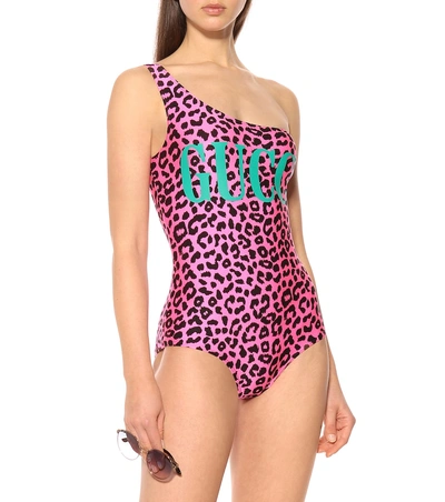 Shop Gucci One-shoulder Leopard-print Swimsuit In Pink