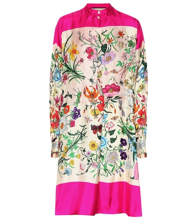 Shop Gucci Floral Silk Twill Shirt Dress In Multicoloured