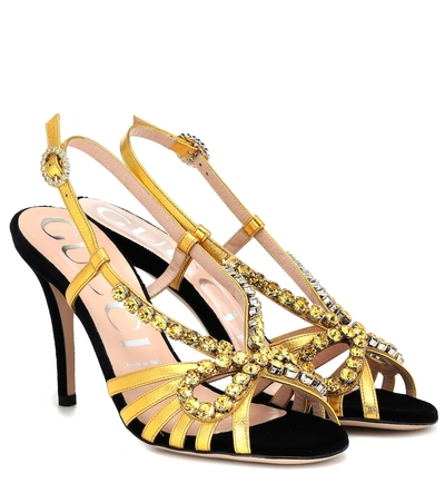 Shop Gucci Embellished Metallic Leather Sandals In Gold