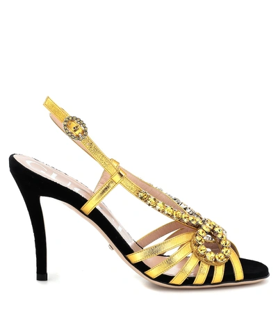 Shop Gucci Embellished Metallic Leather Sandals In Gold