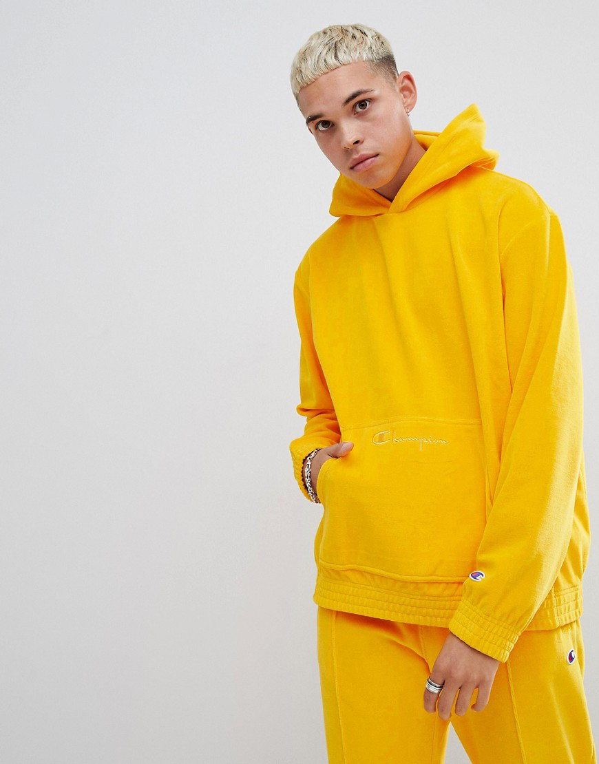 Champion Velour Oversized Hoodie With Small Script Logo In Yellow ...