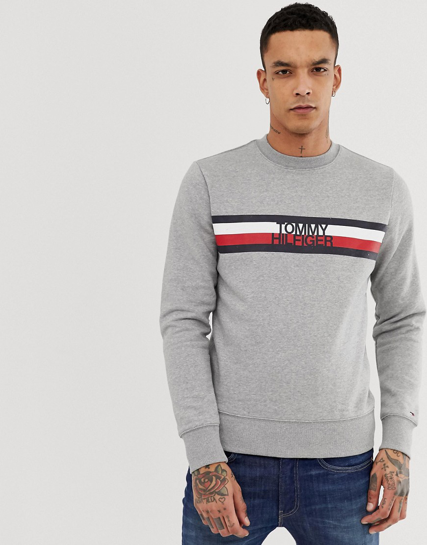 Tommy Hilfiger Chest Icon Stripe Logo Crew Neck Sweatshirt In Gray Marl -  Gray | ModeSens