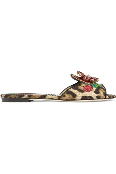 Shop Dolce & Gabbana Crystal-embellished Leopard And Floral-print Canvas Slides In Leopard Print