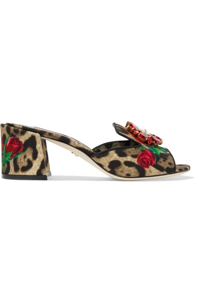 Shop Dolce & Gabbana Crystal-embellished Leopard And Floral-print Canvas Mules In Leopard Print