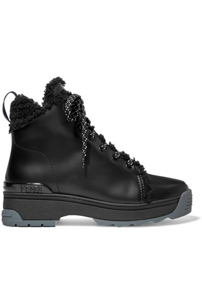 Shop Fendi T-rex Shearling-lined Leather Ankle Boots In Black