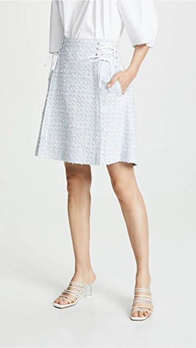 Shop Adeam Laceup Skirt In Stone Blue/white