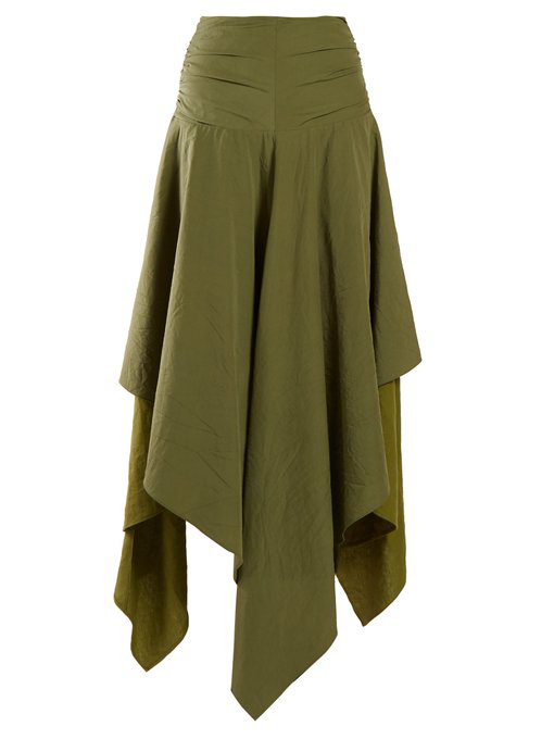 Loewe Handkerchief-Hem Linen And Crepe Skirt In Dark Green | ModeSens