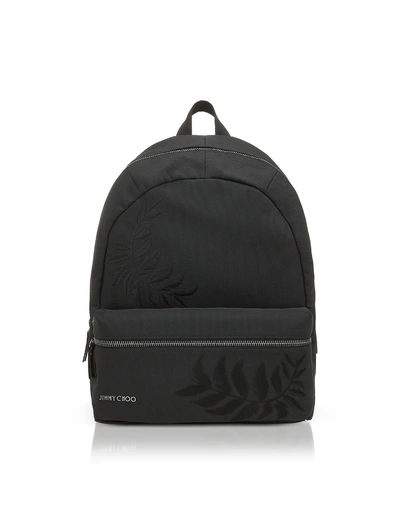Shop Jimmy Choo Reed Black Woven Nylon Backpack W/feather Embroidery