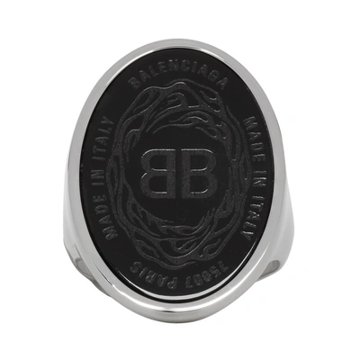 Shop Balenciaga Black And Silver Oval Chevaliere Ring In 8748 Noir E