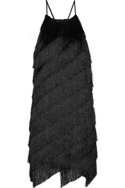 Shop Halston Heritage Fringed Satin-crepe Mini Dress In Black