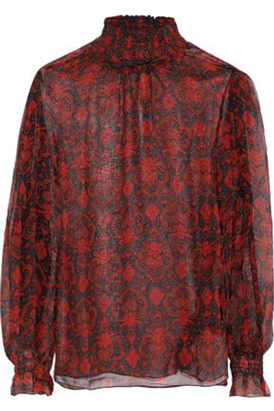 Shop Antik Batik Woman Molly Shirred Printed Georgette Turtleneck Blouse Red