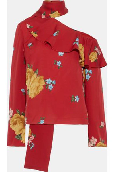 Shop Magda Butrym Woman Hanoi Cold-shoulder Ruffled Floral-print Silk-crepe Blouse Red