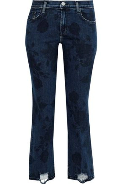 Shop J Brand Selena Distressed Printed Mid-rise Kick-flare Jeans In Dark Denim