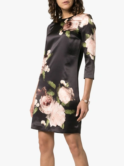 Shop Erdem Floral Print Silk Mini Dress In Black/ Pink