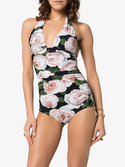 Shop Dolce & Gabbana Rose Print Ruched Halterneck One-piece In Multicoloured