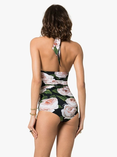 Shop Dolce & Gabbana Rose Print Ruched Halterneck One-piece In Multicoloured