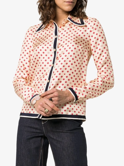 Shop Gucci Gg, Clover And Heart Print Silk Shirt In 9294 Rose Beige