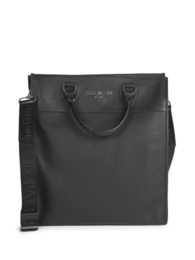 Shop Balmain Grained Leather Tote Bag In Noir