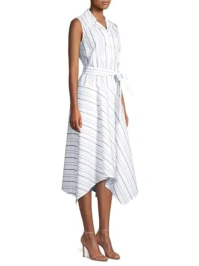 Shop Lafayette 148 Dandy Striped Sleeveless Shirt Dress In White Multi