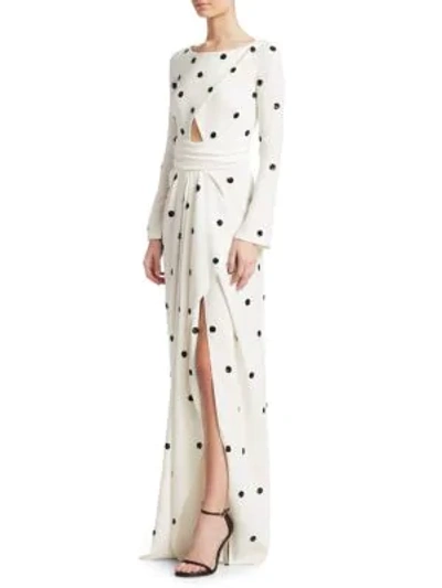 Shop Oscar De La Renta Silk-blend Polka-dot Slit Gown In White Black