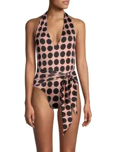 Shop Stella Mccartney Polka Dot Twist Tie Front One-piece Swimsuit In Pink Black