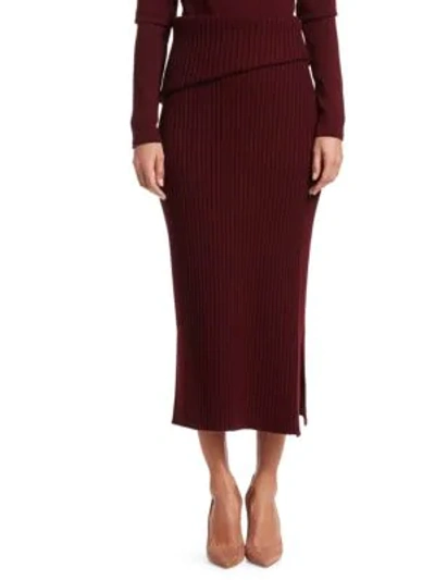Shop Jacquemus Sadhia Rib-knit Side Slit Pencil Skirt In Burgundy