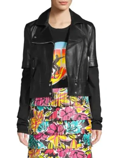 Shop Michael Kors Short Sleeve Leather Moto Jacket In Black