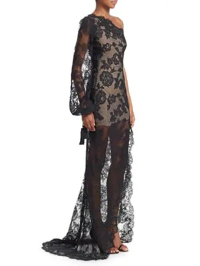 Shop Oscar De La Renta One-shoulder Lace Slit Column Gown In Black