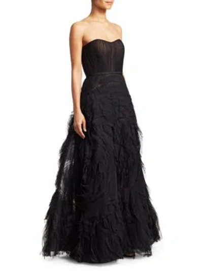Shop Marchesa Notte Strapless Draped Corset Tulle A-line Gown In Black