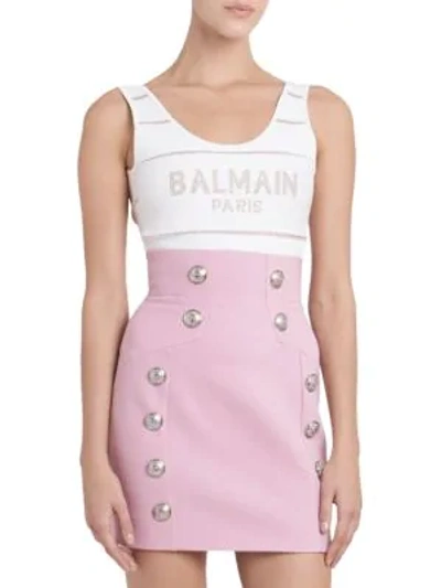 Shop Balmain Metallic Stripe Logo Bodysuit In Light Pink