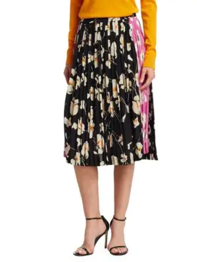Shop N°21 Silk Colorblock Floral Pleated Midi Skirt In Stampa Fondo Nero