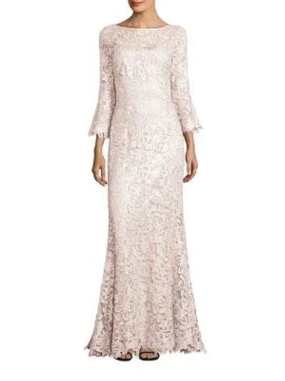 Shop Teri Jon By Rickie Freeman Metallic Bell-sleeve Lace Gown In Champagne