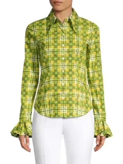 Shop Michael Kors Madras Check Bell-sleeve Button-down Shirt In Daisy Multi