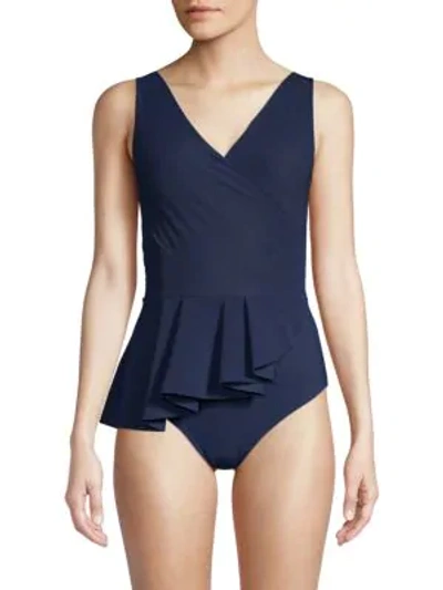 Shop Chiara Boni La Petite Robe Arinette Asymmetric Peplum One-piece Swimsuit In Navy
