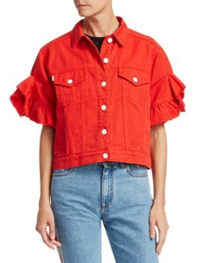 Shop Msgm Short Sleeve Ruffle Denim Jacket In Red