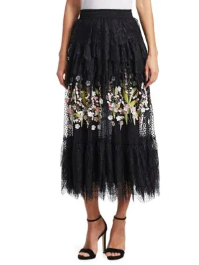Shop Amen Embroidered Floral Lace Midi Skirt In Black