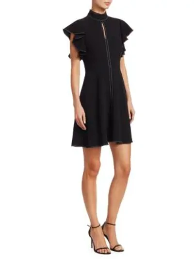 Shop Cinq À Sept Reiko Flutter-sleeve Contrast Stitch Dress In Black Ivory