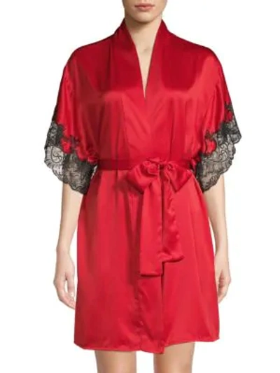 Shop Natori Lace-trim Satin Robe In Red