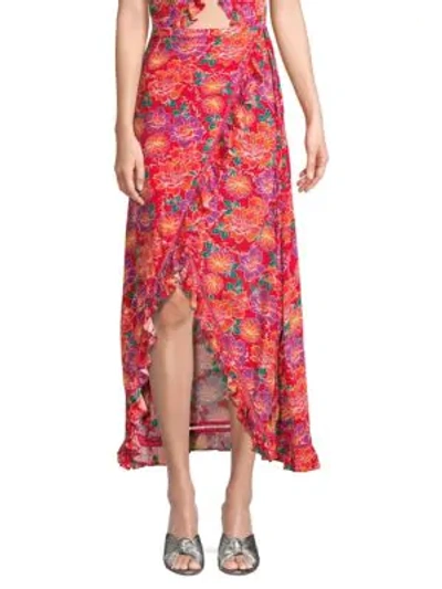 Shop Paloma Blue Stevie Floral Silk-blend Wrap Skirt In Ruby Lotus