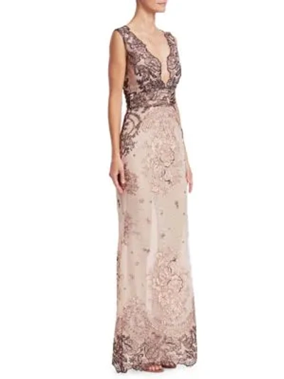 Shop Gustavo Cadile Sleeveless Embroidered Lace Gown In Blush