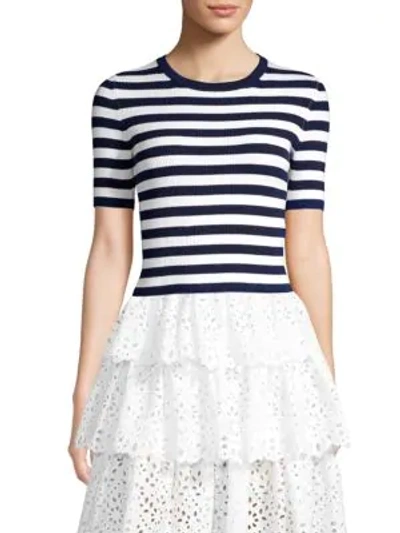 Shop Michael Kors Striped Ribbed Crewneck Tee In Maritime White