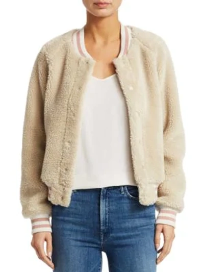 Shop Mother The Snap Faux-fur Letterman Jacket In Cream