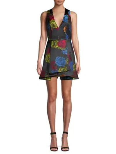 Shop Alice And Olivia Tanner Asymmetric Floral Mini A-line Dress In Black Multi