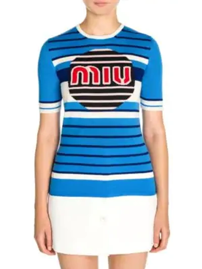 Shop Miu Miu Short Sleeve Intarsia Logo Sweater In Blue