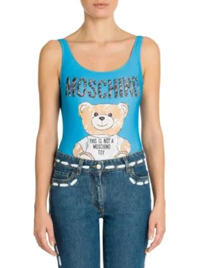 Shop Moschino Bear Print Bodysuit In Light Blue