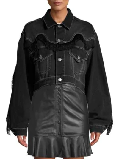 Shop Ganni Fringe-trim Washed Denim Jacket In Black Washed