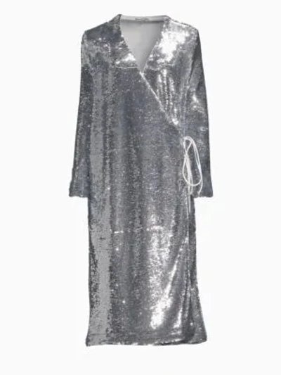Shop Ganni Sequin Wrap Dress In Silver