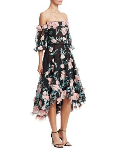 Shop Marchesa Notte Off-the-shoulder Floral-embroidered A-line Dress In Black